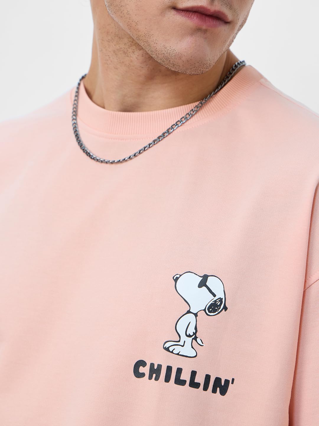 The Souled Store|Mens & Boys Official Round Neck|Peanuts Chillin Pink Color Printed|Half Sleeve Oversized|100% Cotton T-Shirts
