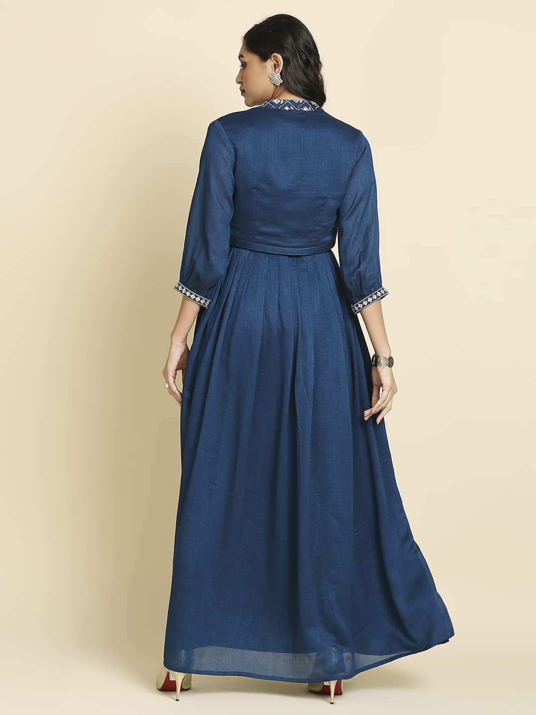 madhuram textiles Women's Long Gown For Solid Silk With Heavy Embroidery And Hand Work Belt And Jacket With Round Neck Gown(M-2424 Peacock Blue_Xx-Large)