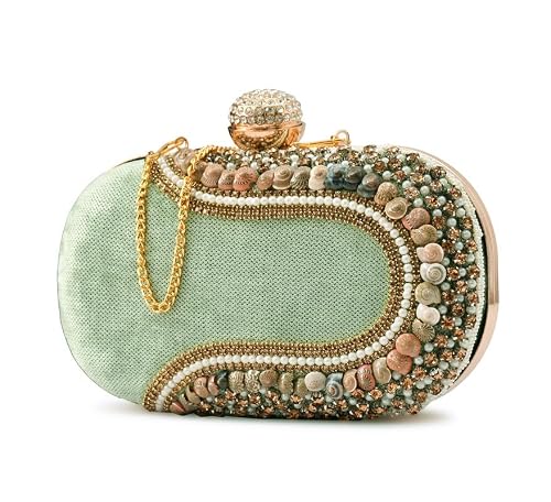 QHAN Elegant Beaded Clutch Purse for Women – Emroidered Bag with Gold Chain, Rhinestone Clasp & Stone Detailing (Cap Pebble Green)