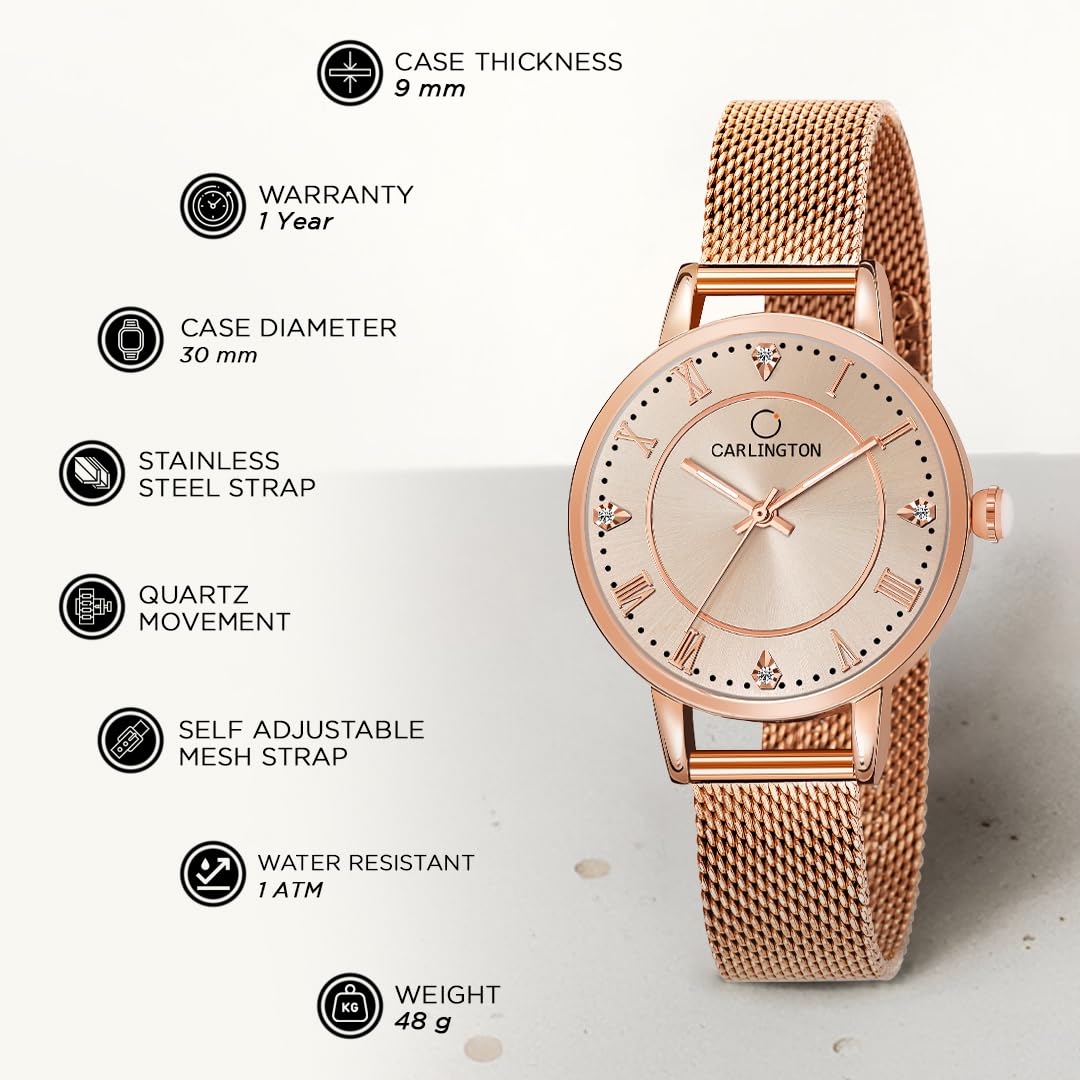 Carlington Gold-Plated Analog Dial Women's & Girl's Watch(Rose Gold Dial Rose Gold Colored Strap)