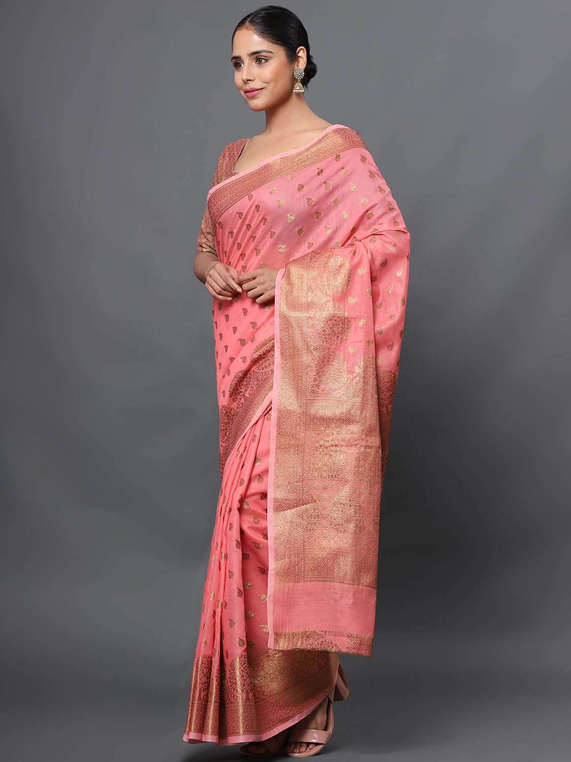 leeza store Women's Pink Cotton Silk Blend Golden Zari Tree Pattern Border Rich Pallu Banarasi Saree With Blouse Piece