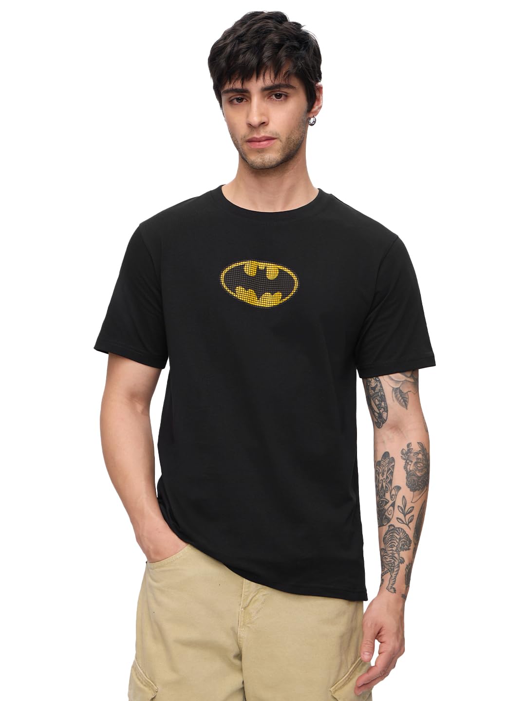 The Souled Store Batman: Classic Logo Men and Boys Short Sleeves Round Neck Printed Regular Fit Cotton T-Shirts Black