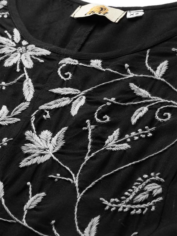 Ada Hand Embroidered Lucknowi Chikankari Women's A-Line Black/Grey Rayon Top Tunic Kurti A911406 (L)