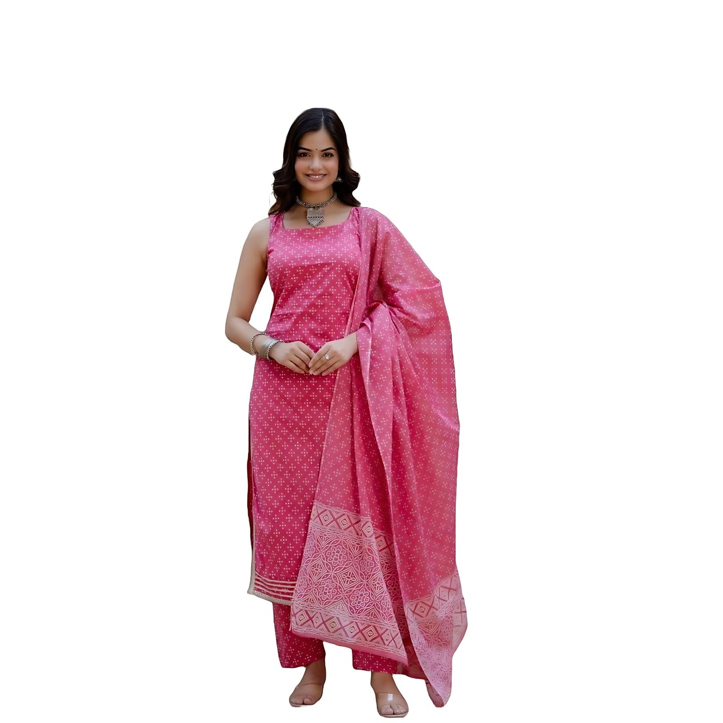 Modestouze Attires Women's Rayon Blend Floral Printed Salwar Suit Set | V Neck 3/4 Sleeve Calf Length Kurta and Dupatta with Print Pant | MAD-K166-PINK-M