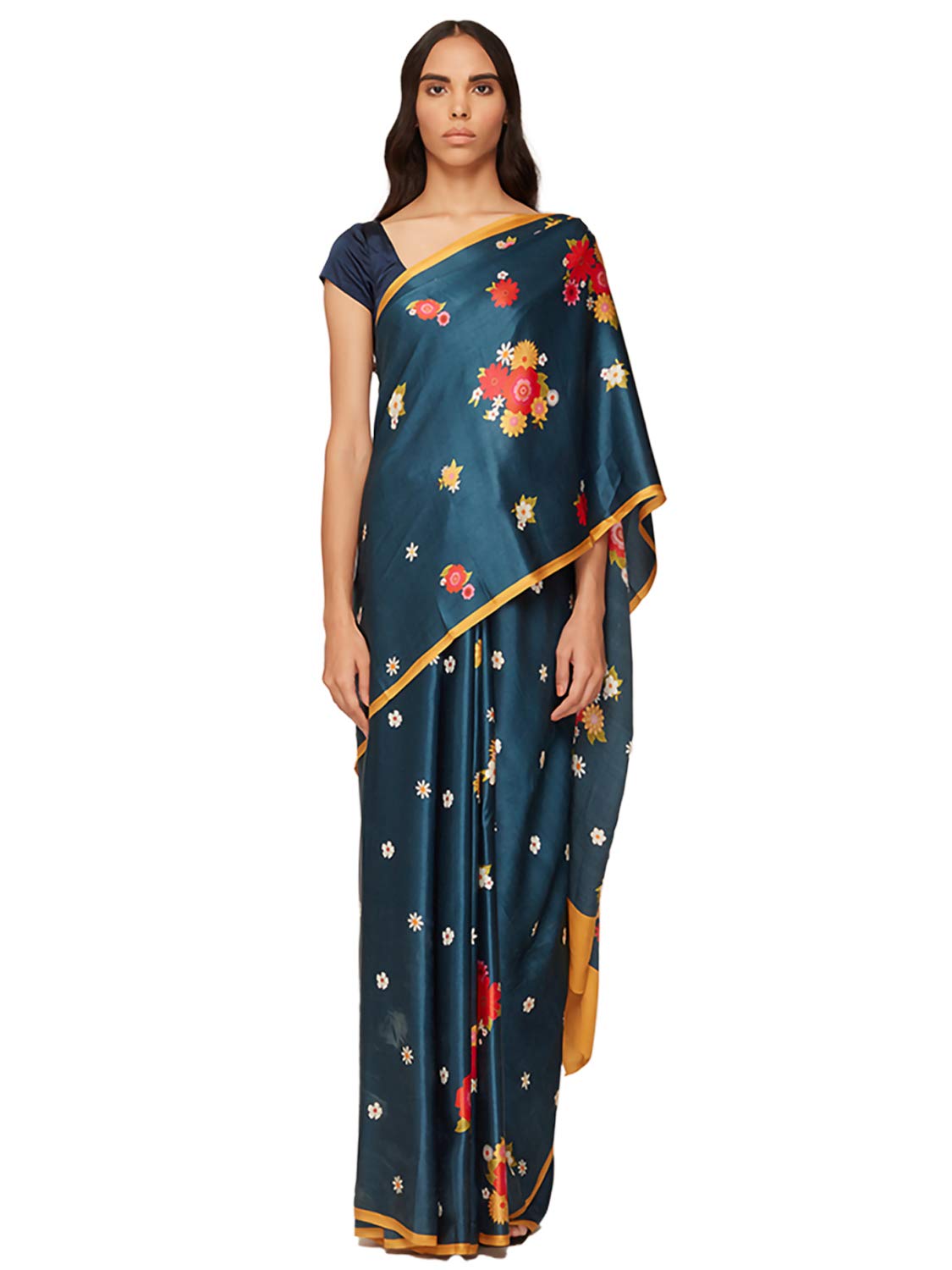 SATYAPAUL Women's Printed Satin Georgette Saree With Blouse Piece (8907544986277_Dark Blue)