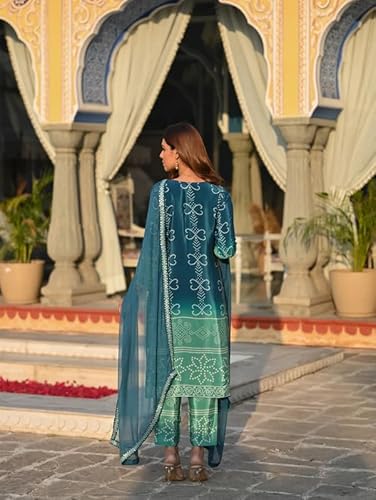 AVYUKTHA | Women Bandhani Printed Kurta Set with Trors & Dupatta | for Festive, Casual & Daily | Aqua | Size- XL