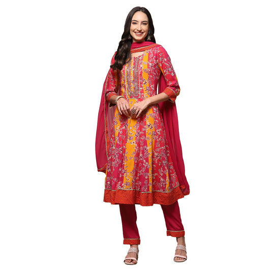 BIBA WOMEN PRINTED KALIDAR SALWAR KURTA DUPATTA(SKDSAAVAN8877_ONION PINK MUSTARD_34)