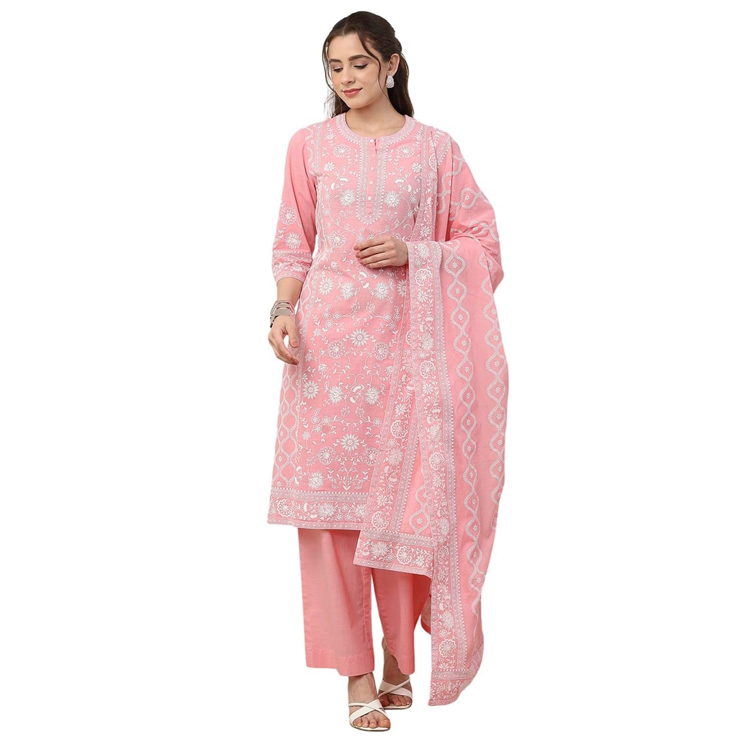 Biba Women Pink Cotton Straight Suit Set_36