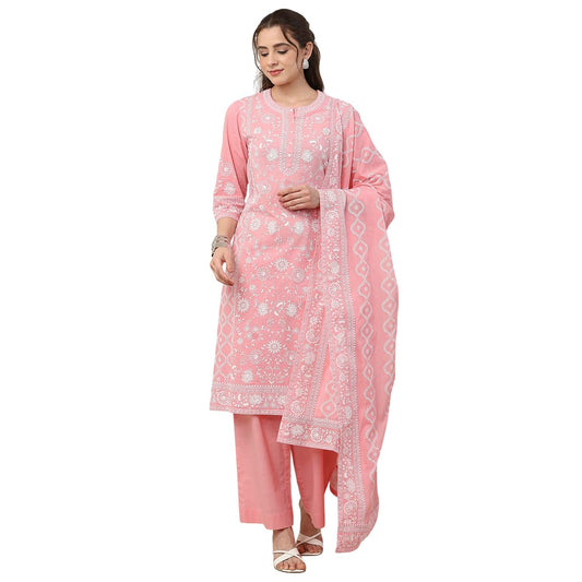 Biba Women Pink Cotton Straight Suit Set_36