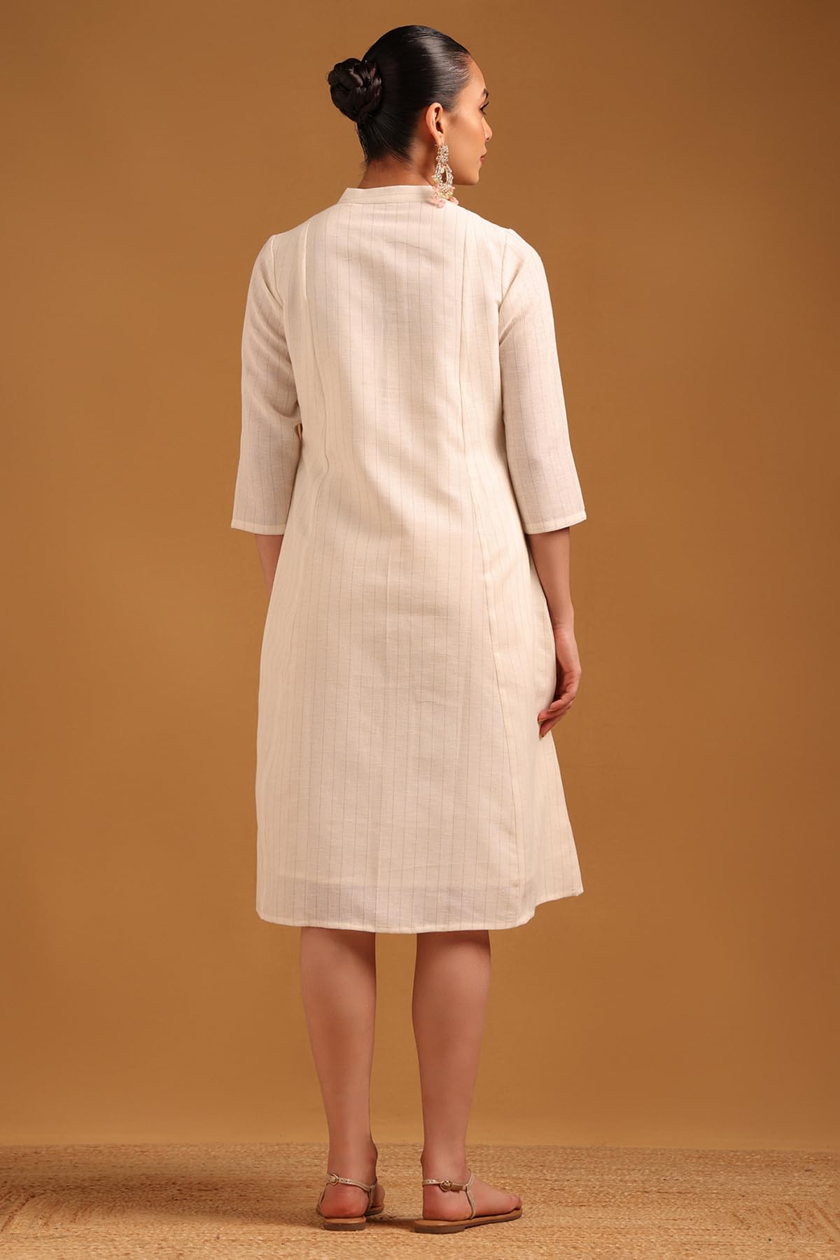 Soch Womens Off White Cotton Blend Floral Dress with Thread Work