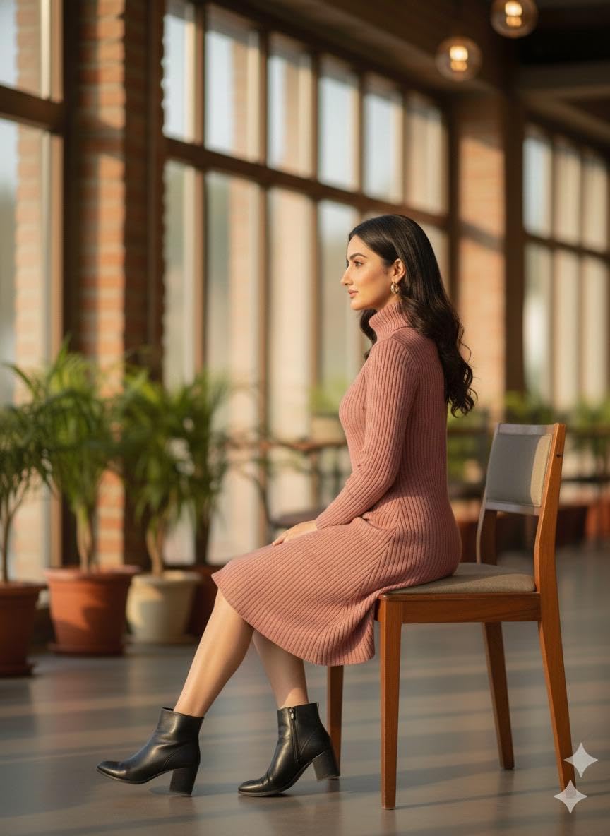 PatolaSwag Women’s Winter Knitted Warm High-Neck Knee-Length Dress – Peach Soft Ribbed Sweater Dress for Party, Office, Casual & Outing Wear (in, Alpha, M, Regular, Standard, Peach)