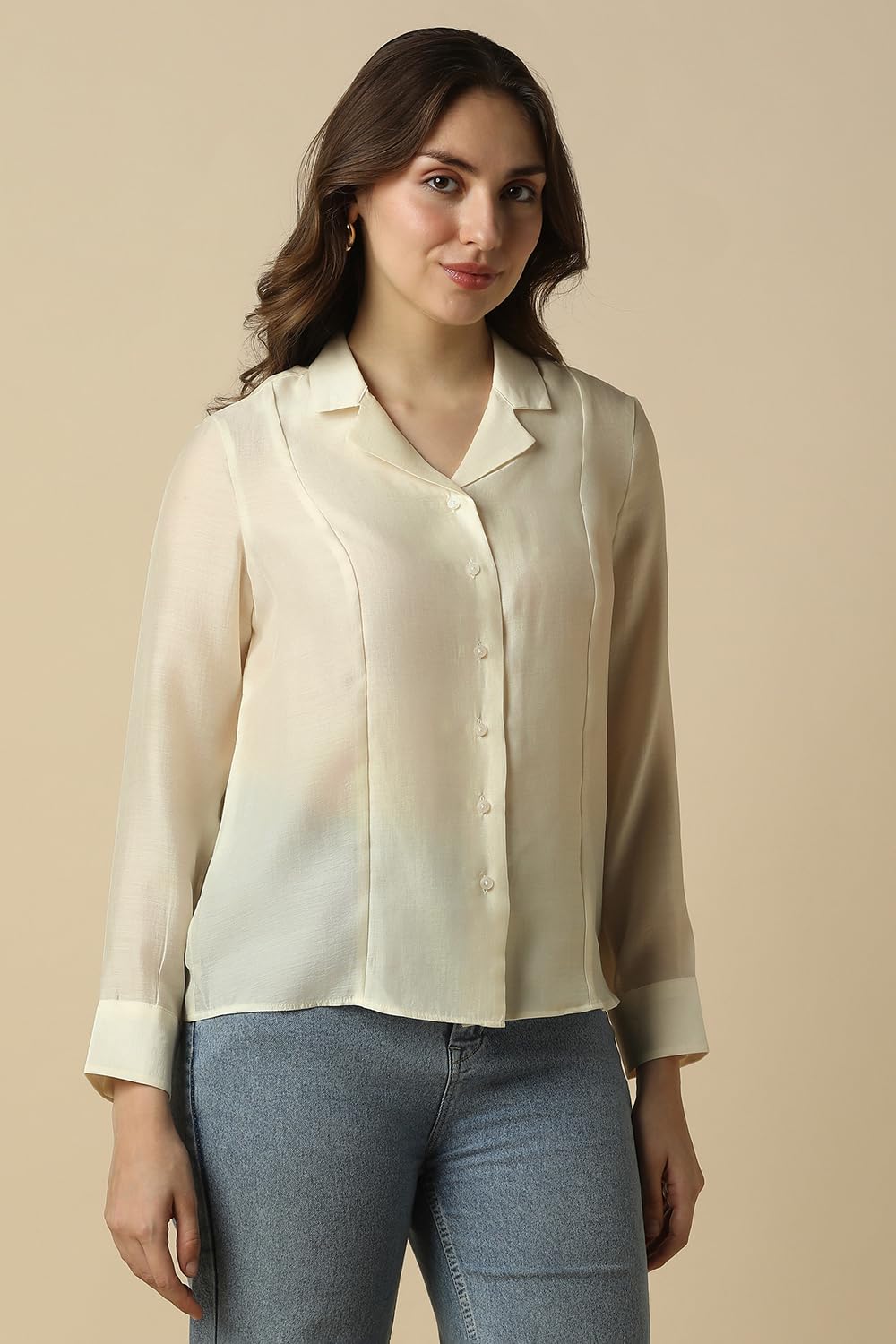 Women Cream Solid Long Sleeves Shirt