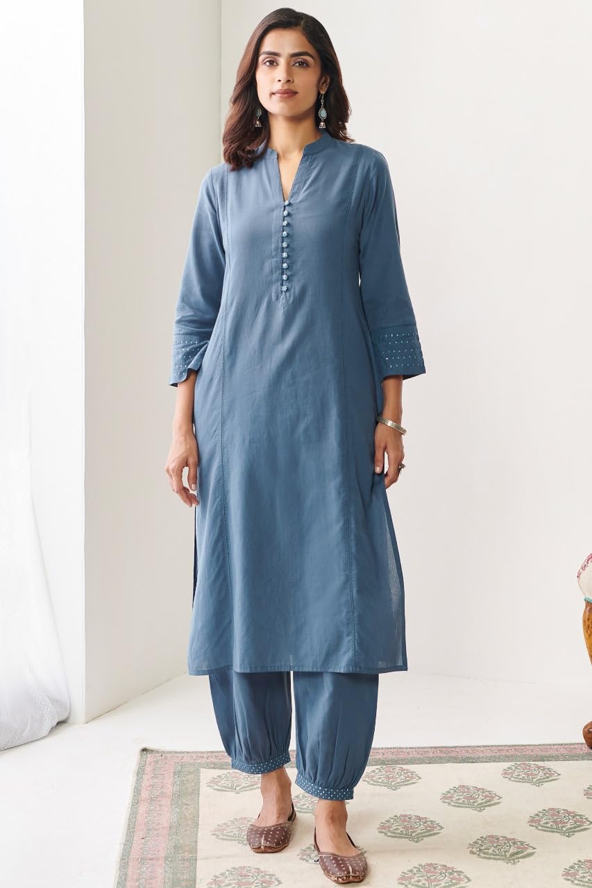 New Chapter Clothing Women's Cotton Kurta Set with Dupatta, Round Neck, Straight Fit, 3/4 Sleeve, Embroidered, Calf Length (Pack of 1) (in, Alpha, XL, Regular, Firoji)