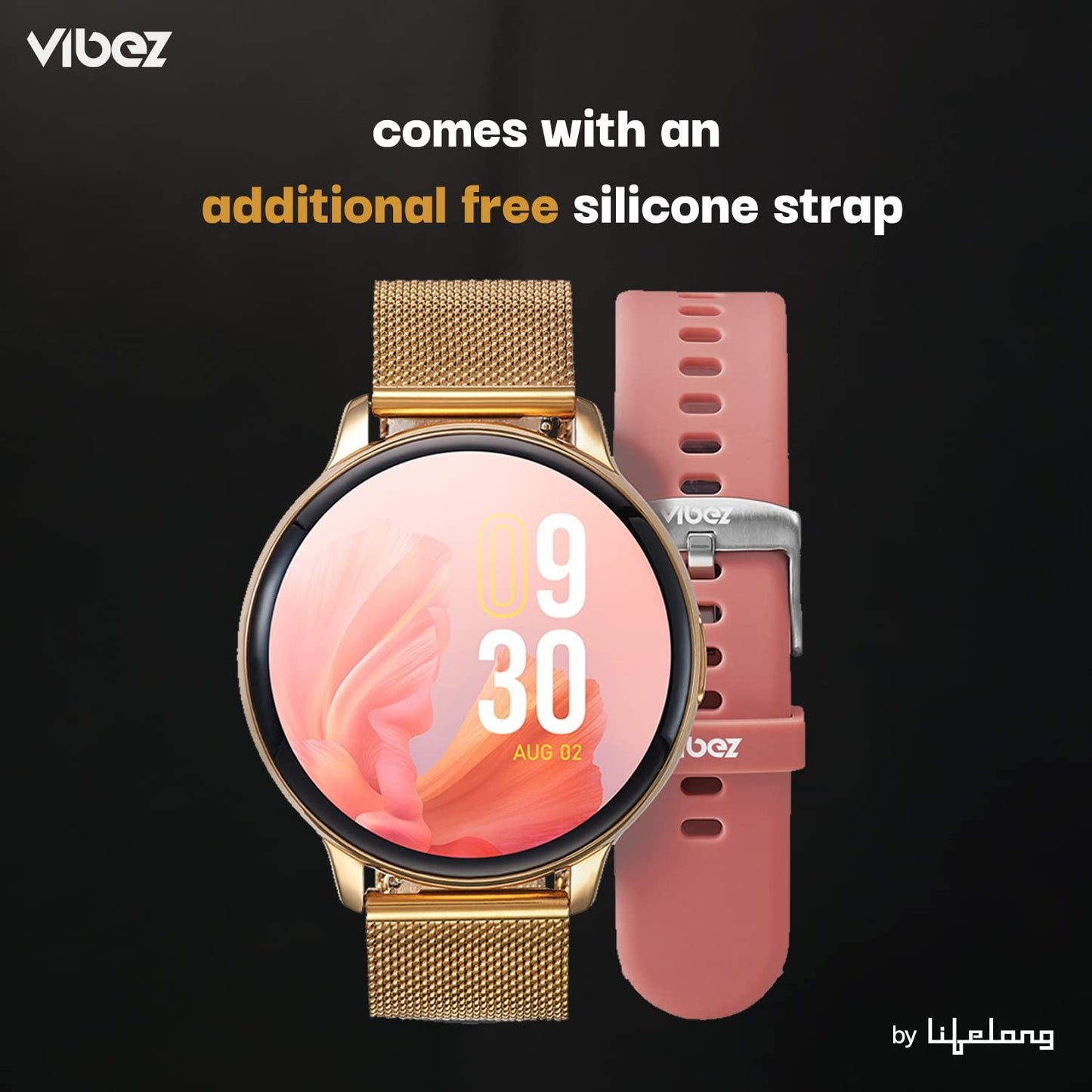 Vibez by Lifelong Premium Luxury Smartwatch for Women with Metal Strap & HD Display, BT Calling, Multiple Watch Faces, Health Tracker, Sports Modes & Free Silicone Strap Smart Watch (Emerald, Gold)