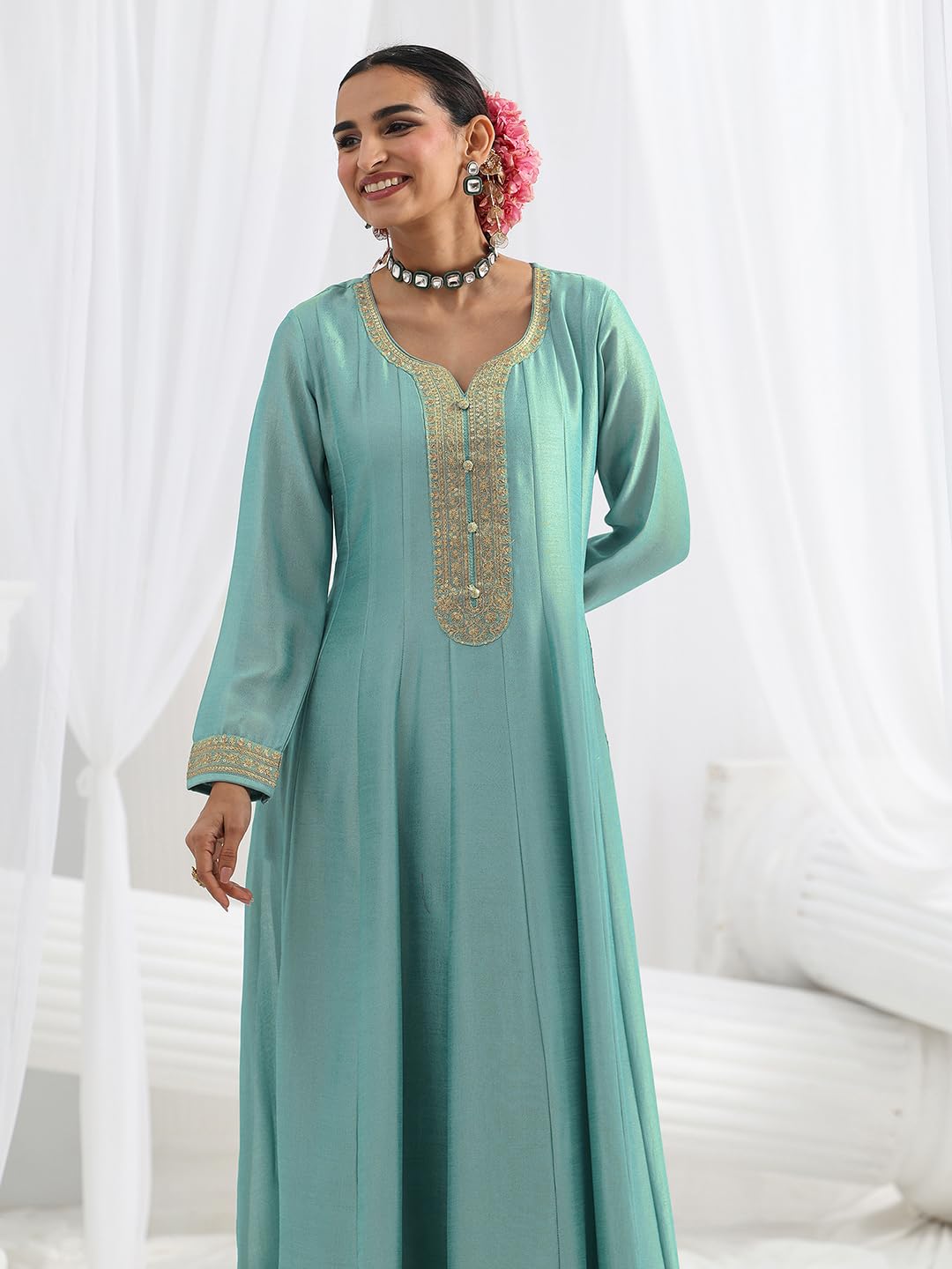 Libas Embroidered Silk Blend A-Line Ethnic Dress with Dupatta-93637L