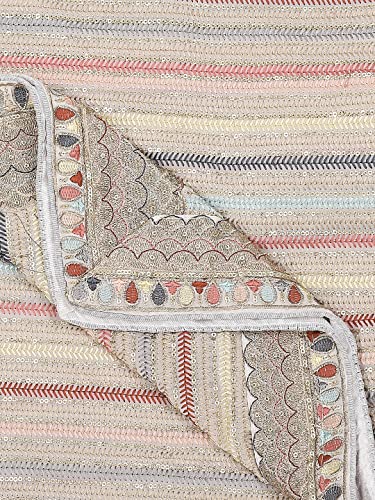 DUPATTA BAZAAR Women's Grey Striped Sequence & Pastel Embroidery Dupatta