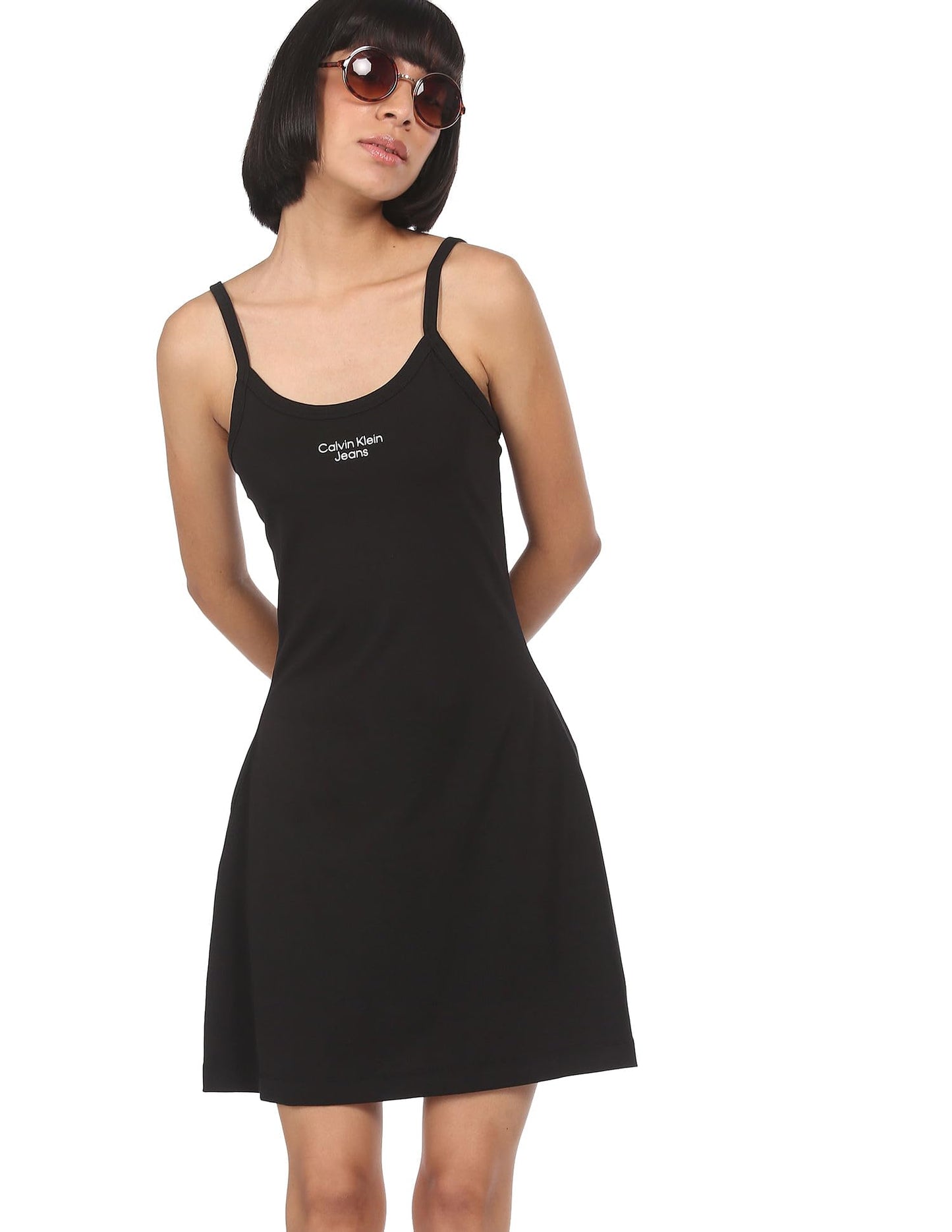 Calvin Klein Women's Cotton A-Line Above The Knee Dress (J20J219643BEH_Black_S)