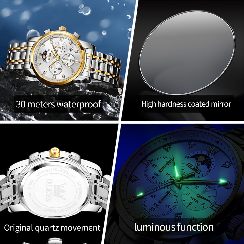OLEVS Watch for Men Diamond Business Dress Analog Quartz Stainless Steel Waterproof Luminous Date Two Tone Luxury Casual Wrist Watch, Silver watches gold 3655, men watch