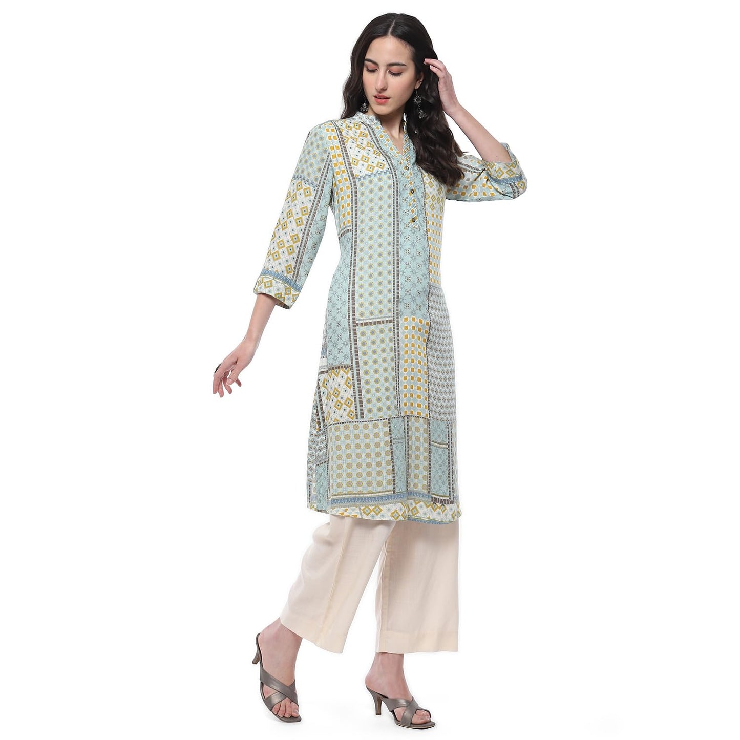BIBA Women Rayon Printed Straight Regular Fit Kurta Mix and Match(Azul Collection20485_Teal_36)