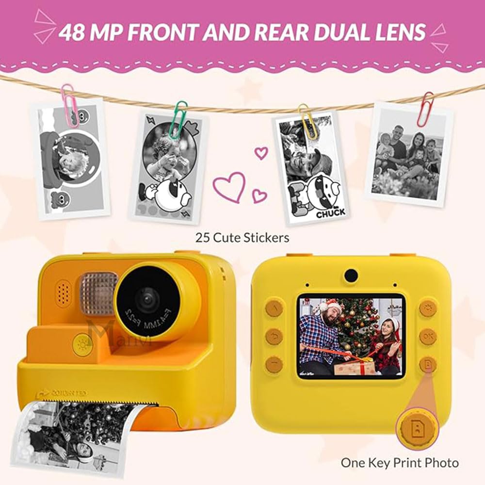 MANVI Instant Print Camera for Kids, 48 MP Print Camera for Boys & Girls, 1080P Video Recoding Camera with 3 Printing Rolls (Yellow)