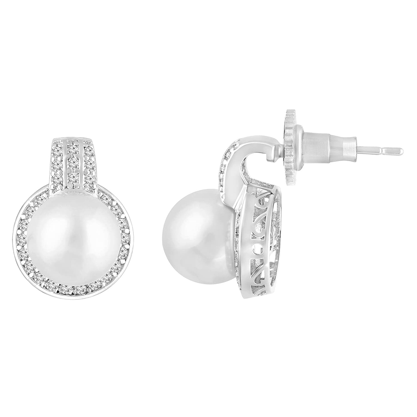 Peora Silver Plated Cubic Zirconia & Pearl Studded Hoop Earrings Stylish Fashion Jewellery Gift for Women & Girls