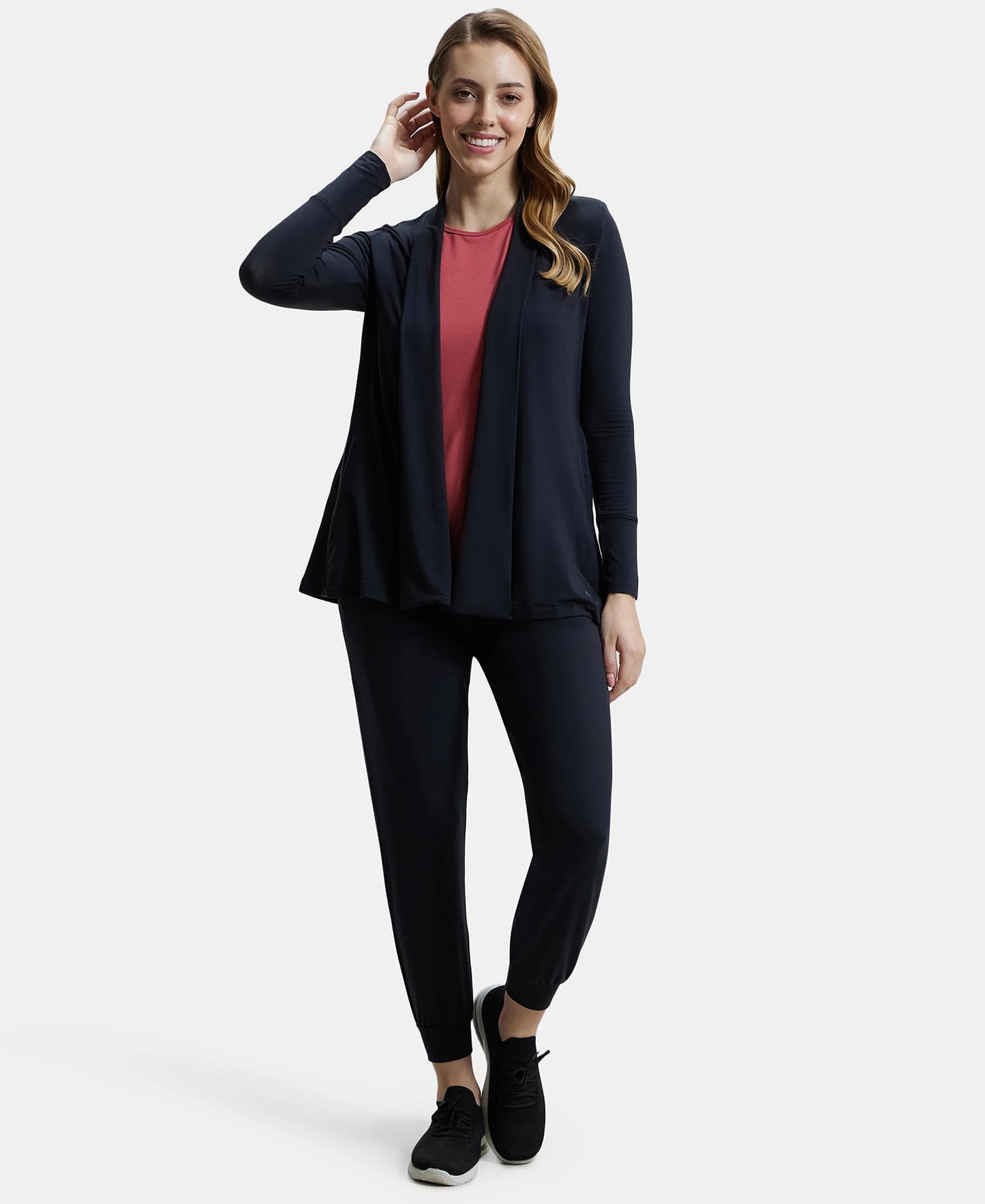 Jockey JW53 Women's Tencel Lyocell Elastane Stretch Relaxed fit Full Sleeve Shrug with Front Closure Buttons_Black_L