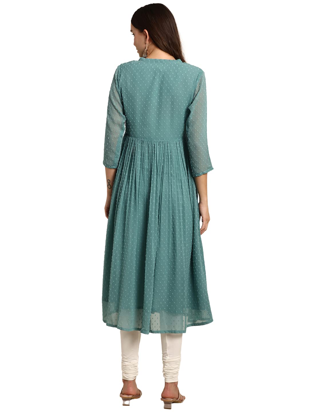 Janasya Women's Green Poly Chiffon Self Design Flared Western Dress(JNE3797-KR-XS)