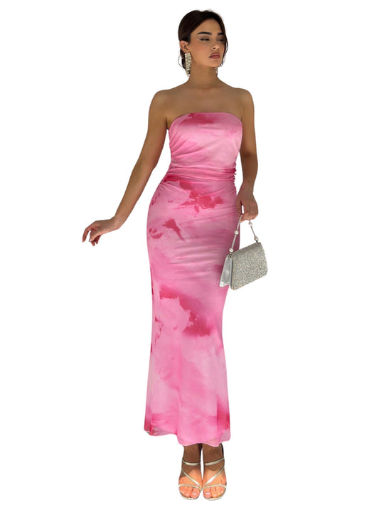 FASHION YARI Women's Elegant Bodycon Off Shoulder Sleeveless High Split Ruched Long Formal Casual Dress - Pink