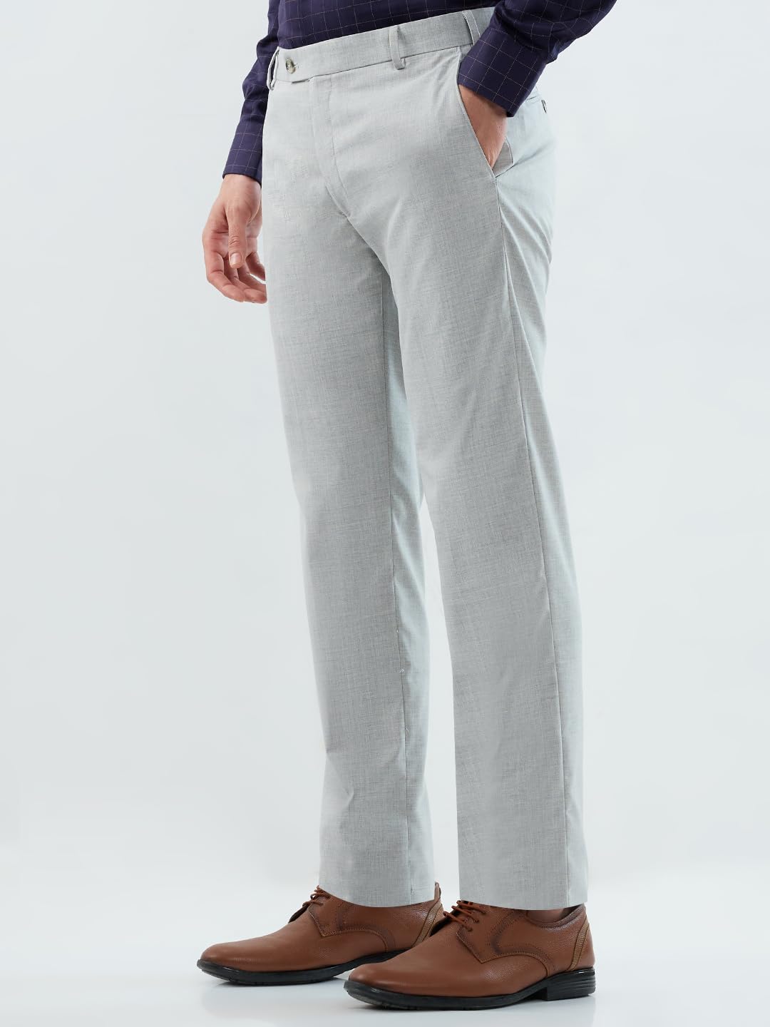 Park Avenue Men Slim Fit Solid Pattern Polyester Blend Flat Front Formal Trouser Light Grey