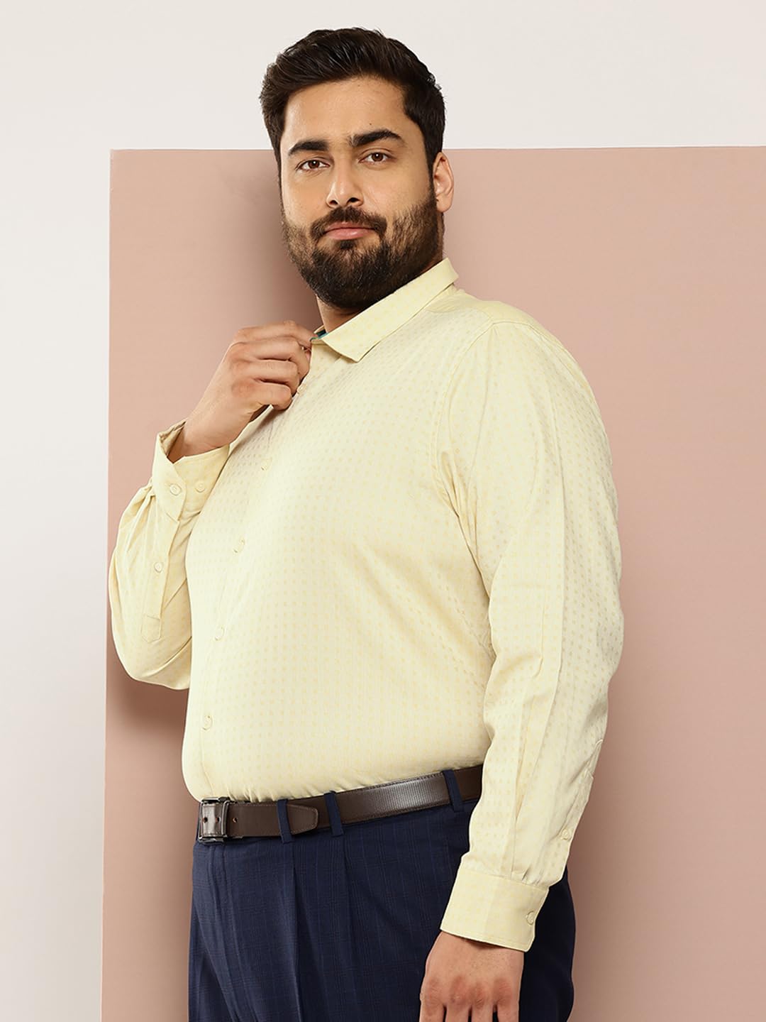 Thomas Scott Mens Plus Size 100% Cotton Full Sleeves Textured Formal Shirt (TS1340_Yellow, 4XL)