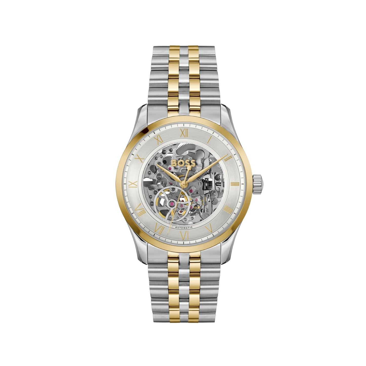 BOSS Principle Skeleton Mech-Automatic Silver White Round Dial Men's Watch|Two Tone Stainless Steel Material|Silver Color Band - 1514237