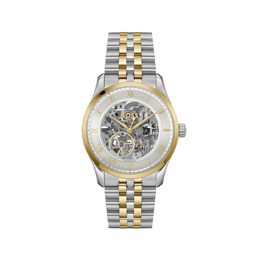 BOSS Principle Skeleton Mech-Automatic Silver White Round Dial Men's Watch|Two Tone Stainless Steel Material|Silver Color Band - 1514237