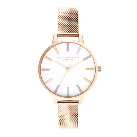 Olivia burton Rainbow Qtz Basic White & Stone Round Dial Women's Watch|Ionic Plated Rose Gold Steel Material|Gold Color Band - OB16RB24
