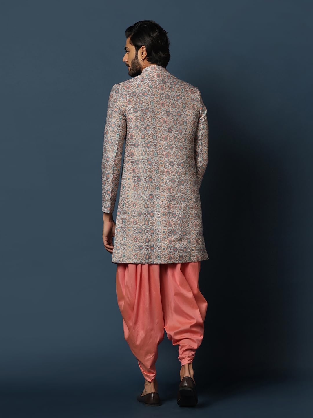 KISAH Men's Grey and Orange Sherwani Dhoti Set, Cotton Full Sleaves, Knee Length, Straight, Regular Fit, Mandarin Collar Ethnic Wear