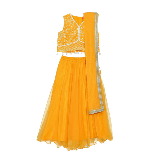BIBA Girl's Solid Straight Polyester Readymade Lehenga Choli Set (Kwwhite Blooms5966_Yellow_9)