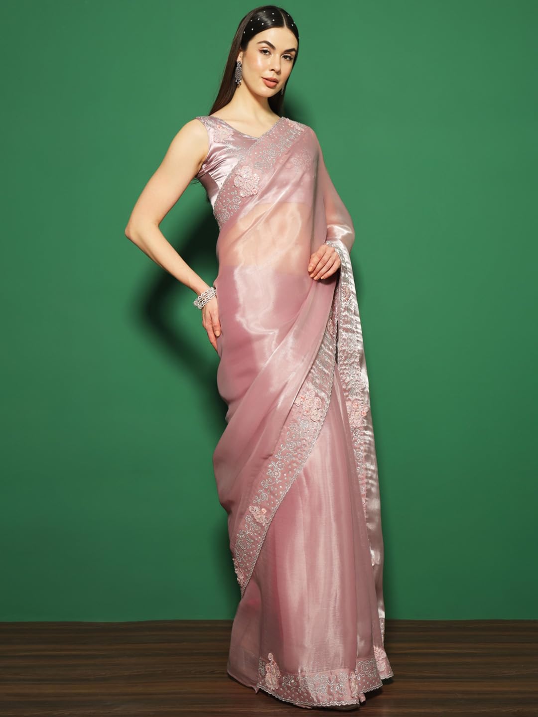 SAREE MALL Women's Organza Solid Saree With Unstitched Blouse Piece(Mauve_FF0MAHEK737H_MK)