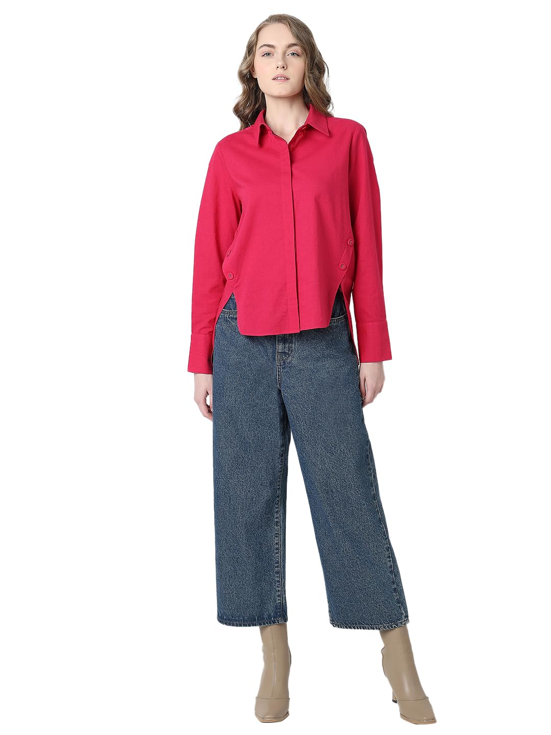 VERO MODA Women Solid Pink Cotton Regular Fit Shirt