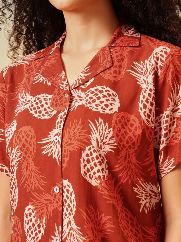 Clovia Women's Rayon Co-ord Nightwear Set – Printed Button-Down Shirt & Shorts | Lounge & Sleep Set