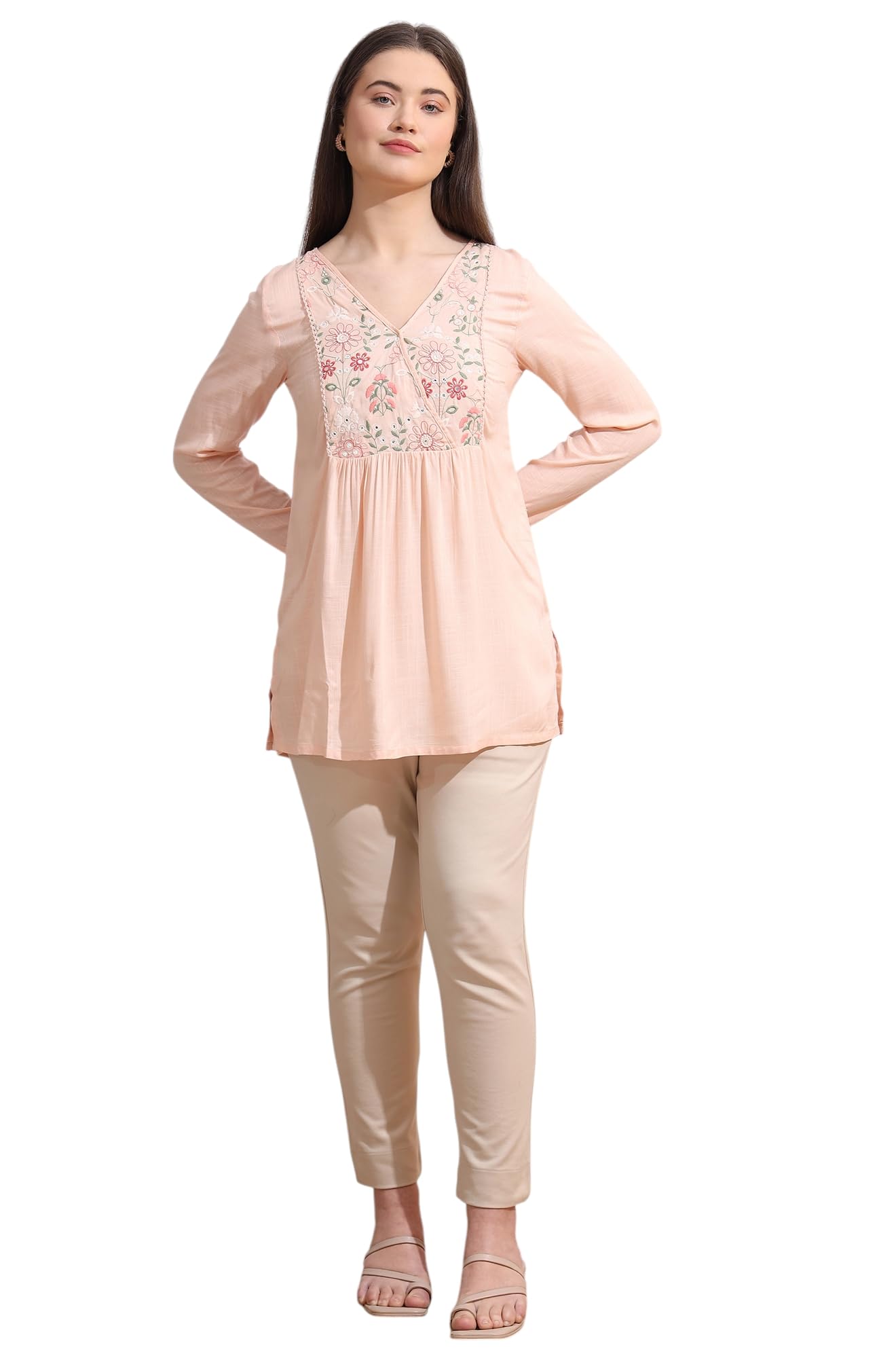 W for Woman Pastel Pink Thread Embroidered Gathered Swiss Dot Ethnic Top (Size: XS)-W31259-223088