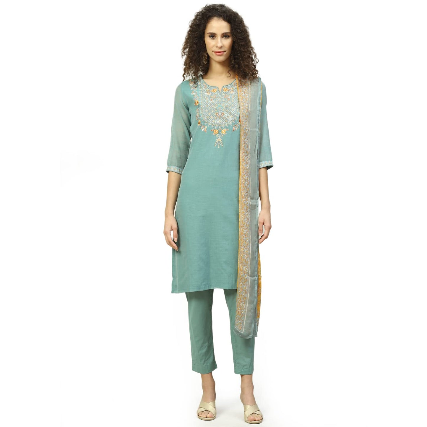 BIBA Women's Sage Green Art Silk Straight Kurta Slim Pant Suit Set