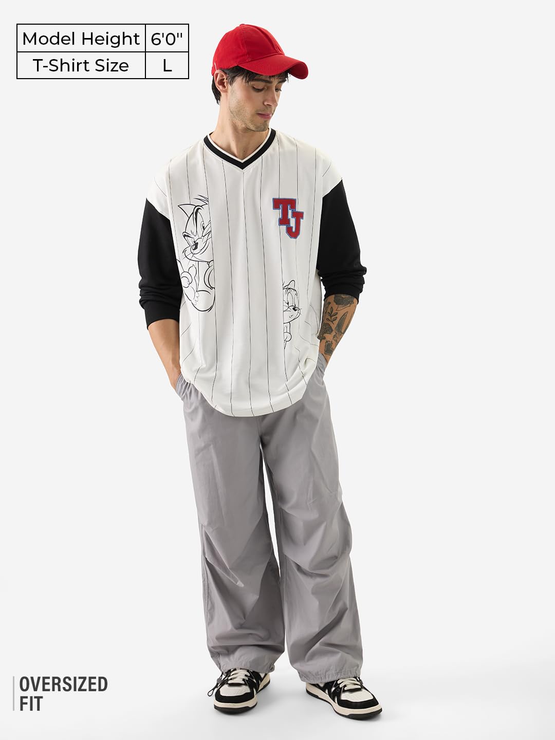 The Souled Store Official Tom & Jerry: Stripped Men and Boys V Neck Multicolor Cotton Oversized Full Sleeve T-Shirts