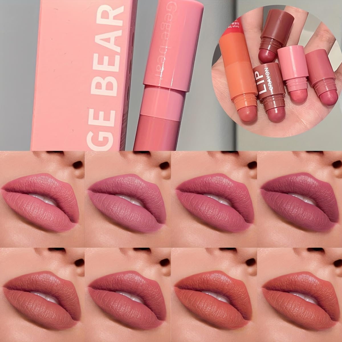 GEGE BEAR L'Amour 4-in-1 Velvet Matte Lipstick Crayon – Compact Design, Vibrant Shades, Long-Lasting & Smooth Application (SET 02, PACK OF 1)