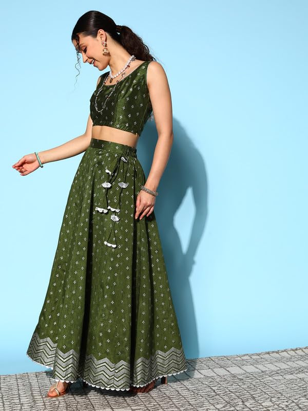 Ahalyaa Women's Silk Blend Lehenga Choli (AHBLDUSK-COMBO-538-FF-SS-25_Dark Green_XL)