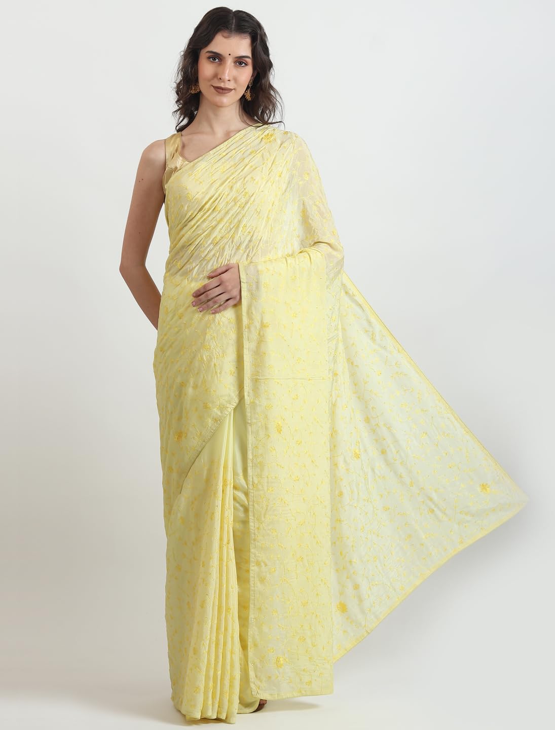 THE WEAVERS SHOP BY RAAVI Pure Chiffon Thread Jaal Hand Embroidery Saree With Unstitched Blouse