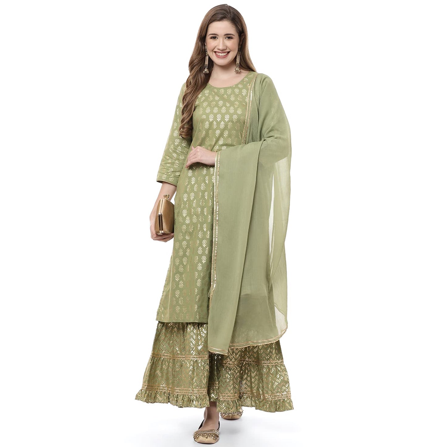 Rangriti Women's Cotton Kurta With Palazzo & Dupatta (190743_Olive Green_36)