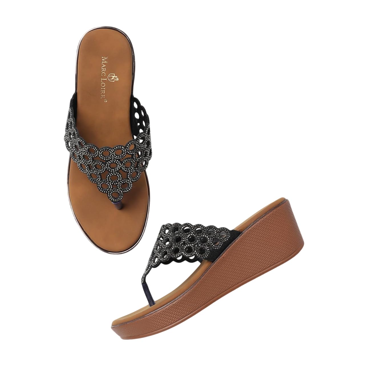 Marc Loire Women’s Embellished Slip-On Comfortable Flatform Heel Fashion Sandals (Black, UK Footwear Size System, Adult, Women, Numeric, Medium, 8)