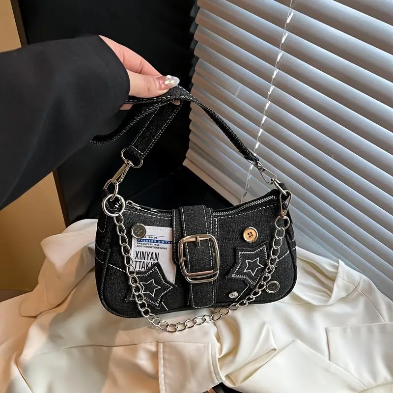 Denim Shoulder Bag for Women, Canvas Aesthetic Crossbody Bag, Lightweight Hobo Handbags, Retro Messenger Bag for Teen Girls, Casual Style Jeans Purse for everyday Use with Zipper Pockets (Black Chic)