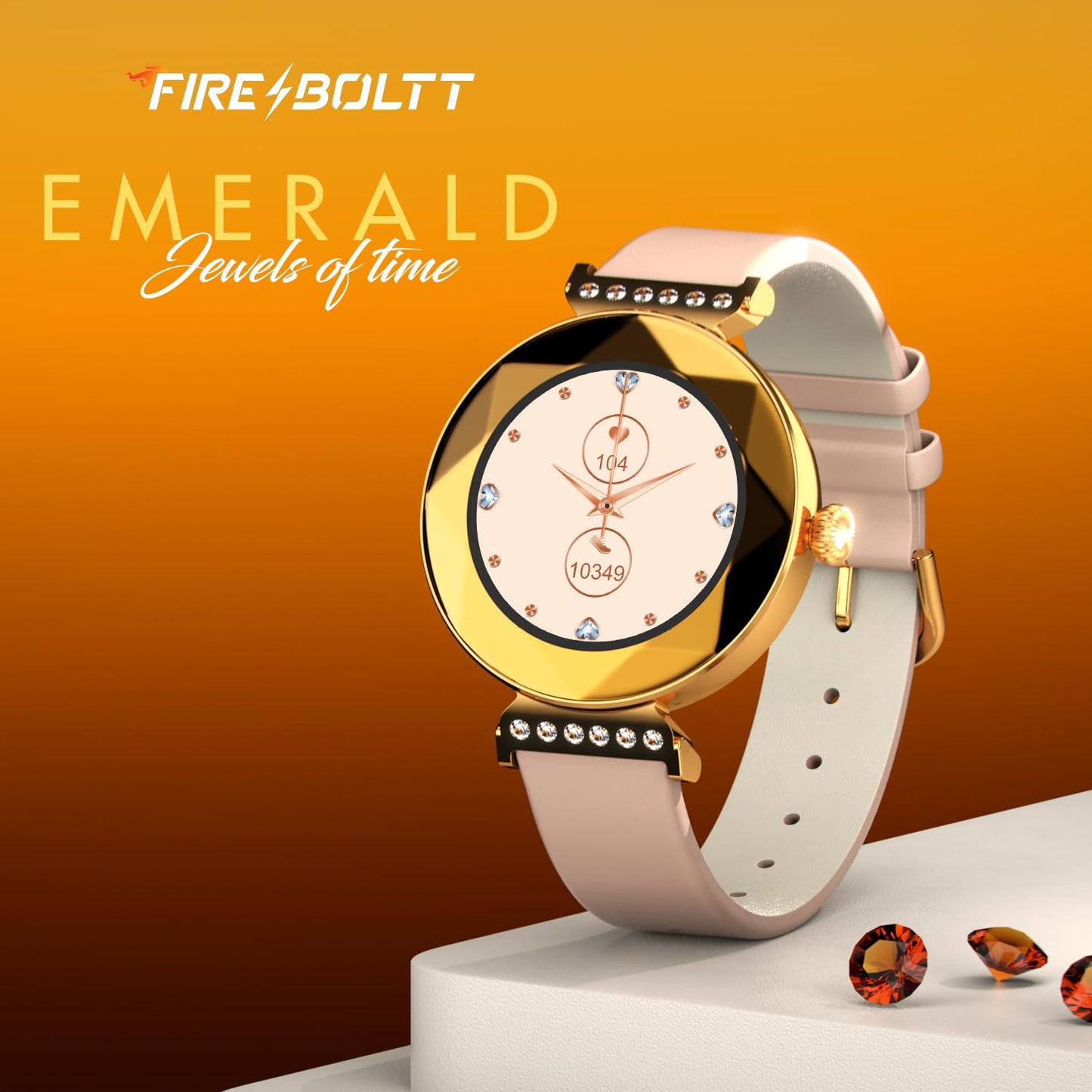 Fire-Boltt Emerald Gemstone-Studded Diamond Cut Smart Watch with 1.09” HD Display, Multiple Sports Modes, Health Suite, Wireless Charging, IP68 with Additional Stainless Steel Strap (Rose Gold)