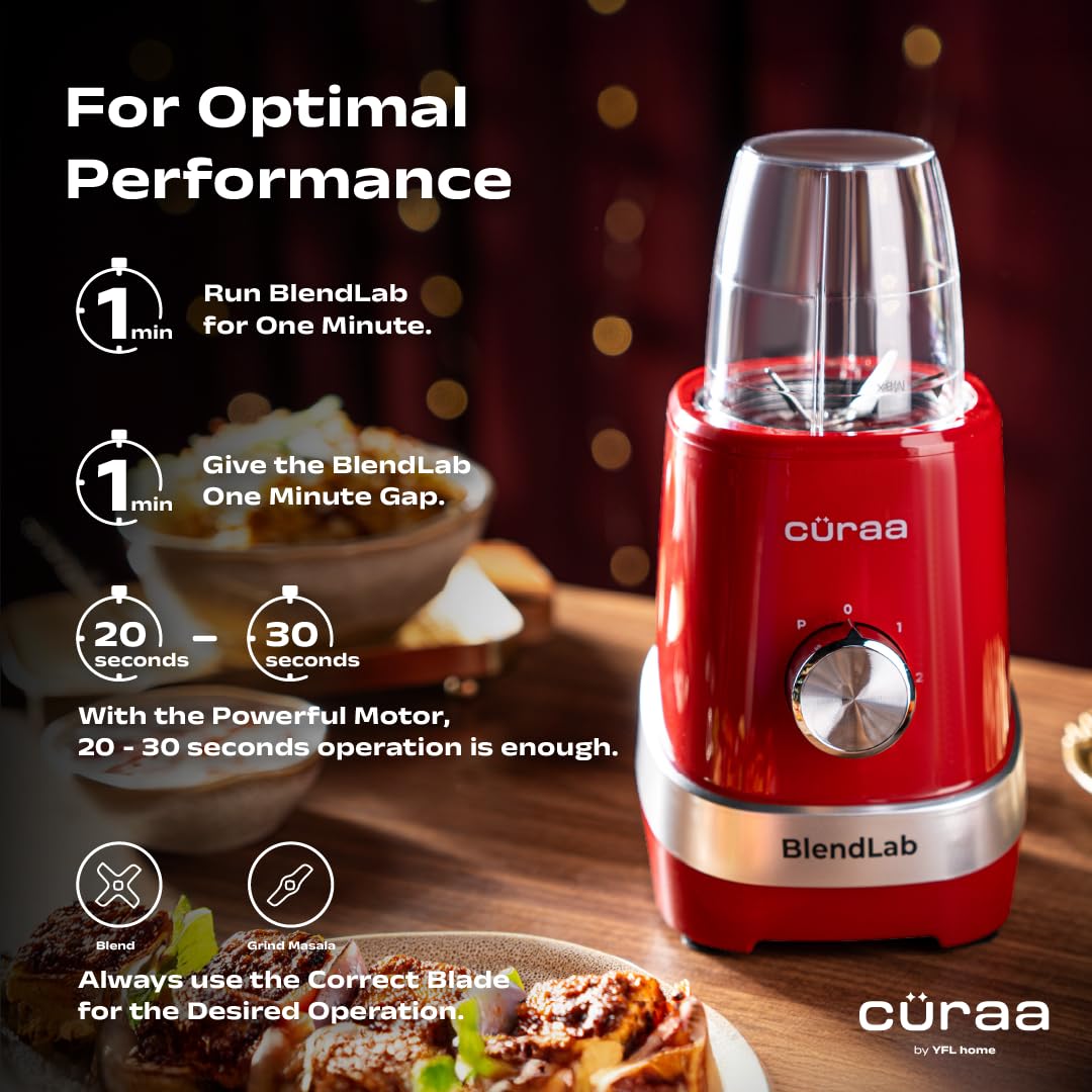 Cüraa by YFL home BlendLab Mixer Grinder for kitchen – 3 Jars | 100% Copper Motor | Stainless Steel Jar for Spice Grinding & Chutneys | Compact Smoothie Blender | Smoothies Maker | 2 Year Warranty