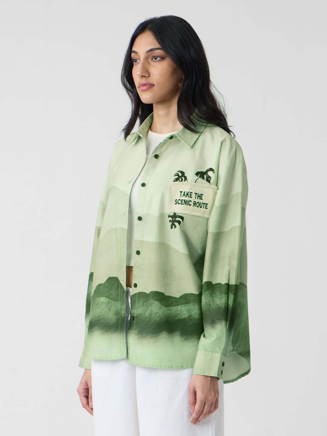 The Souled Store Scenic Route Women and Girls Long Sleeves Collared Neck Button Front Green Printed Cotton Boyfriend Shirts